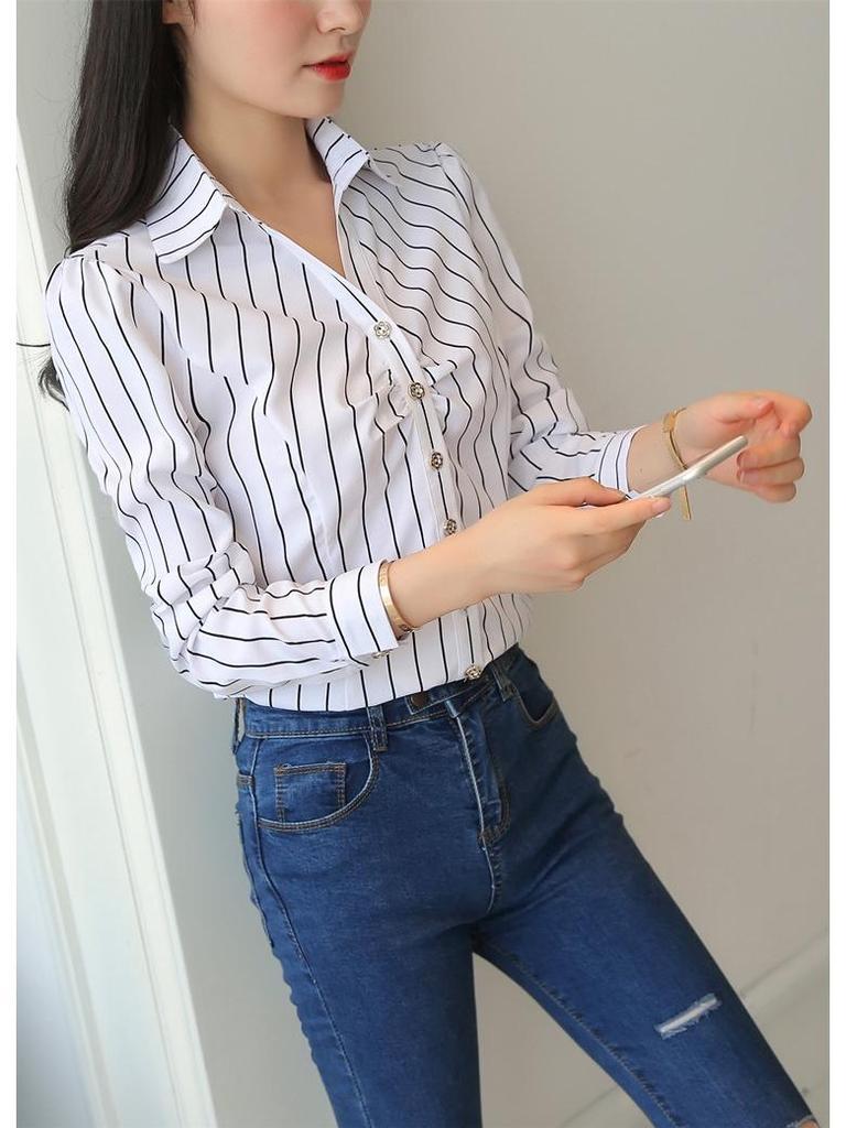Korean Style Women's Slim Fit V-Neck White Shirt - Autumn 2024 Fashion Long Sleeve Casual Top