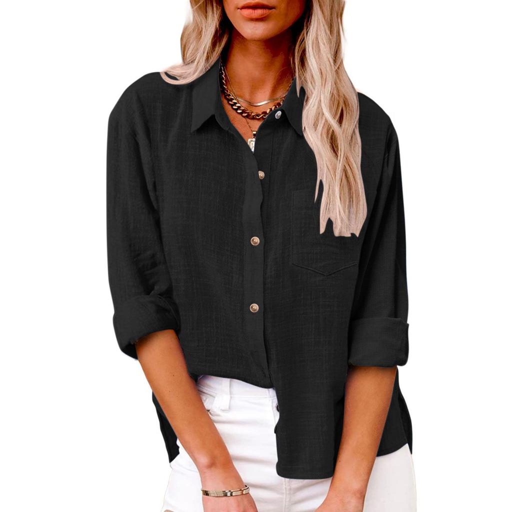 Women Linen Blend Button Down Shirt Turn‑Down Collar Roll‑Up Sleeve Chest Pocket Loose Fit Solid Color Casual Office Blouse Top