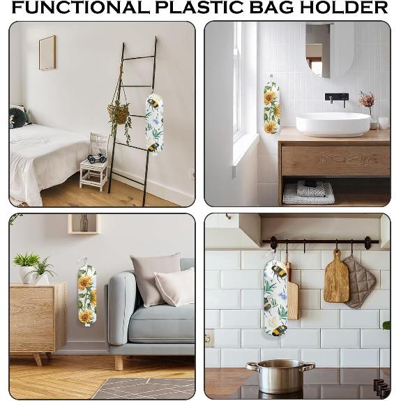 2Pcs Bee Plastic Bag Holder, Wall Mount Grocery Bag Holder for Plastic Bags, Sunflower Reusable Grocery Bags Storage Dispenser for Home Kitchen