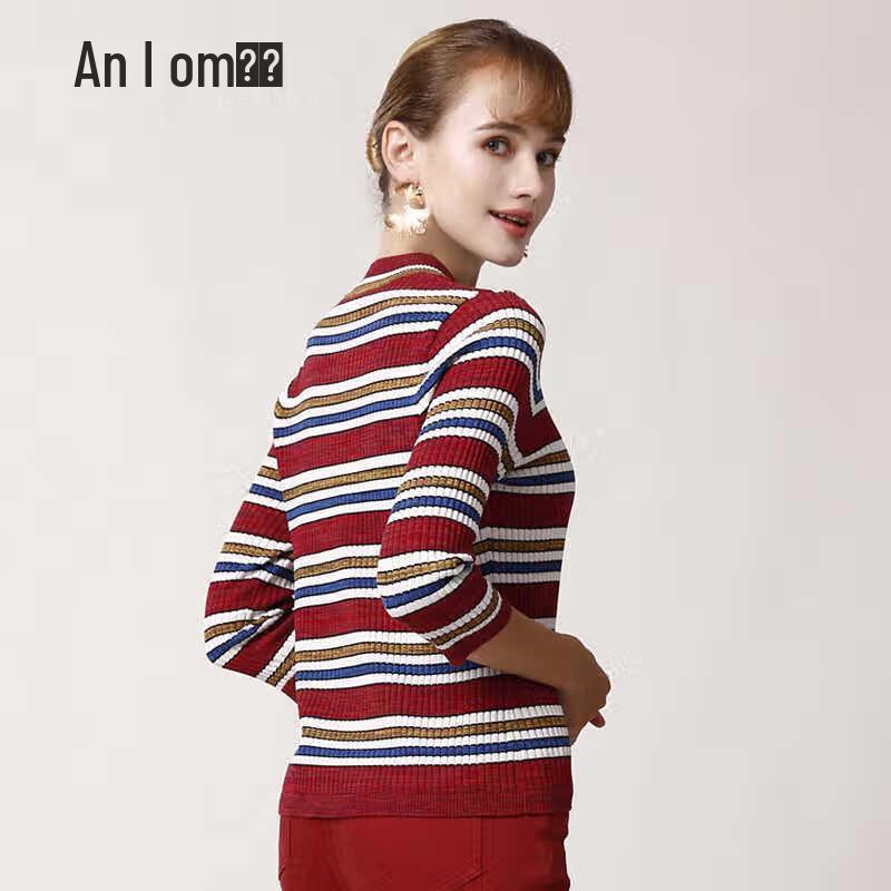 Anlom Women's Spring/Autumn Striped Round Neck Slim-Fit Knit Top