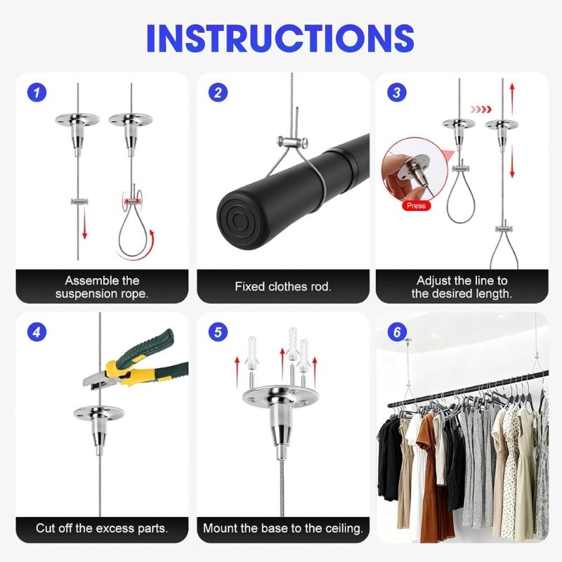 6PCS Steel Adjustable Shower Rod Support Bracket Strong Ceiling Mount Rustproof Bathroom Curtain Hanger for Outdoor