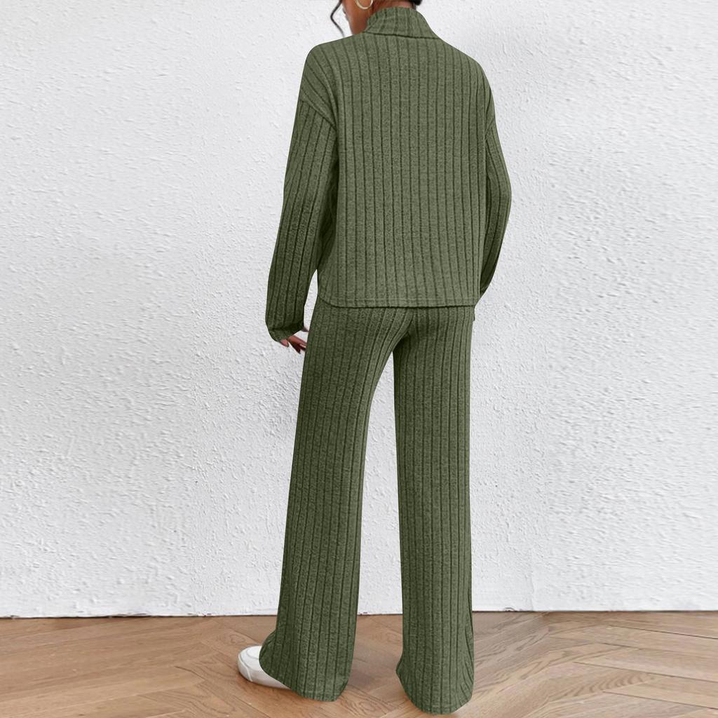 Women's Fashion Solid Color High Collar Long Sleeve Top Elastic Waist Casual Pants Two Piece Set