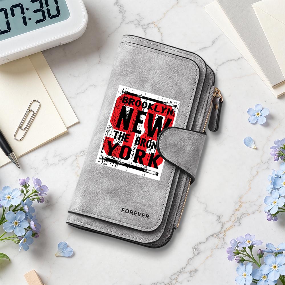 Vintage PU Leather Wallet Fashion New York Print Long Purse Casual Portable Multi Card Holder Daily Use Zipper Wallet