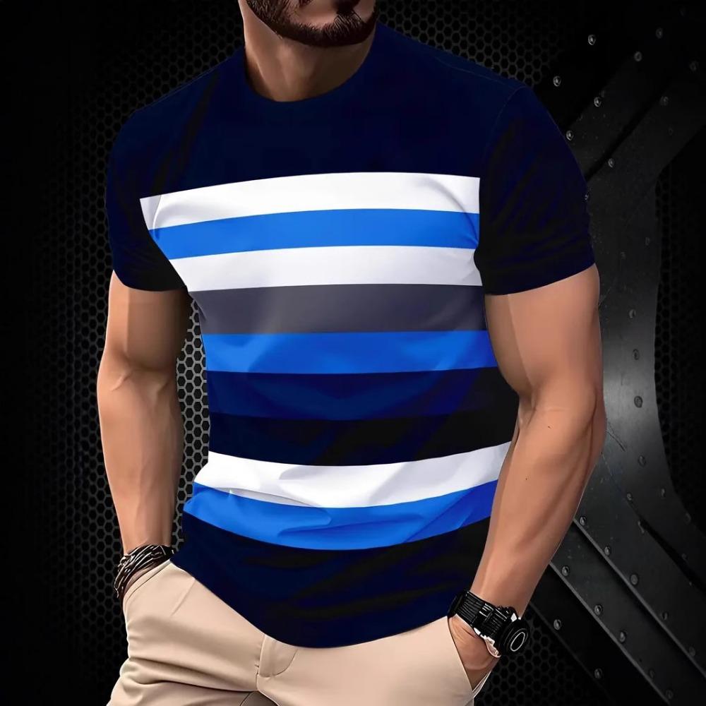 Summer 3D Striped Printed Men's T-shirt Casual Breathable Round Neck Short Sleeved T-shirt Outdoor Oversized Street Men's Top