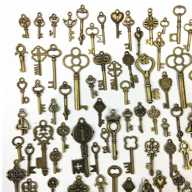 J1UL1N 125 Piece Retro Antique Brass Vintage Bronze Old Looking Decorative Key Lock Mix Metal Key Steampunk Charms Pendant Jewel