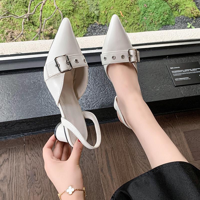 Circle Low Heel Sandals Women Shoes Solid Color Pointed Toe Small Fragrant Style Ladies Back Style Single Shoes Shoes for Women