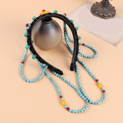 Ethnic Style Headband with Turquoise Forehead Chain Decors Exotic Hair Hoop Women Wedding Party Taking Photo Headband