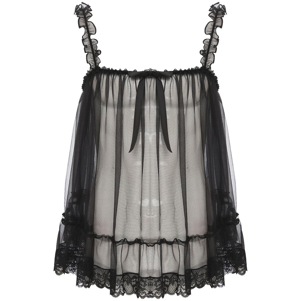 Mens Sheer Mesh Camisole Ruffled Straps Bow Accent Lace Trim Crossdressing Slip Top Clubwear