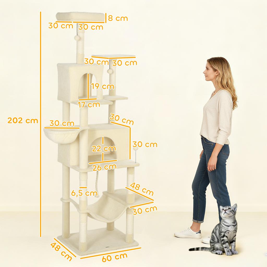 Cat Scratching Tree, Platform, Bed, Caves, Sisal Posts, 60 X 48 X 202 Cm, Beige