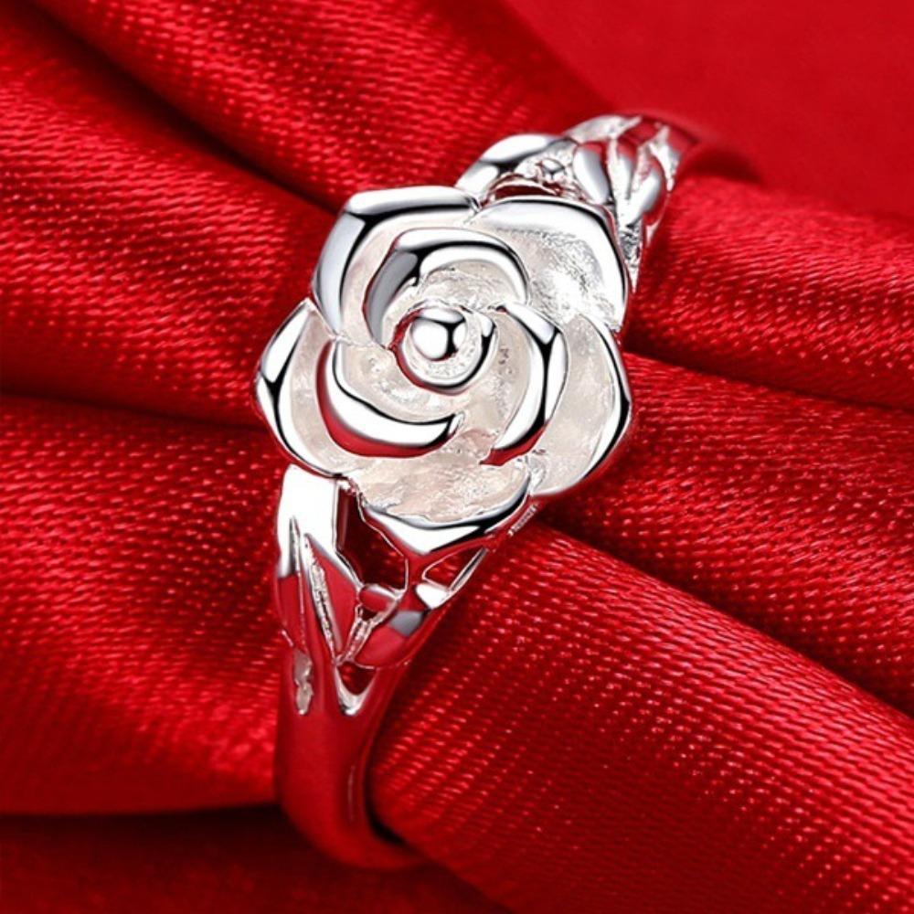 925 Silver Plated Rose Flower Ring for Women Creative Proposal Engagement Party Jewelry Gift