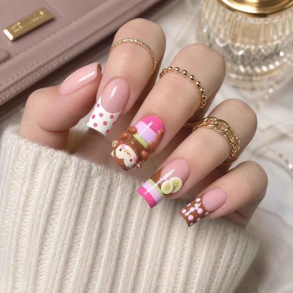 24pcs Monkey Banana Chips Decor Press On Nails Y2K French Nails Reusable Fake Nails Girls