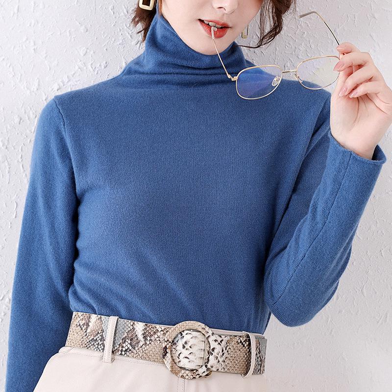 Women's High-Neck Solid Color Woolen Sweater - Slim Fit Knit Pullover for Autumn/Winter