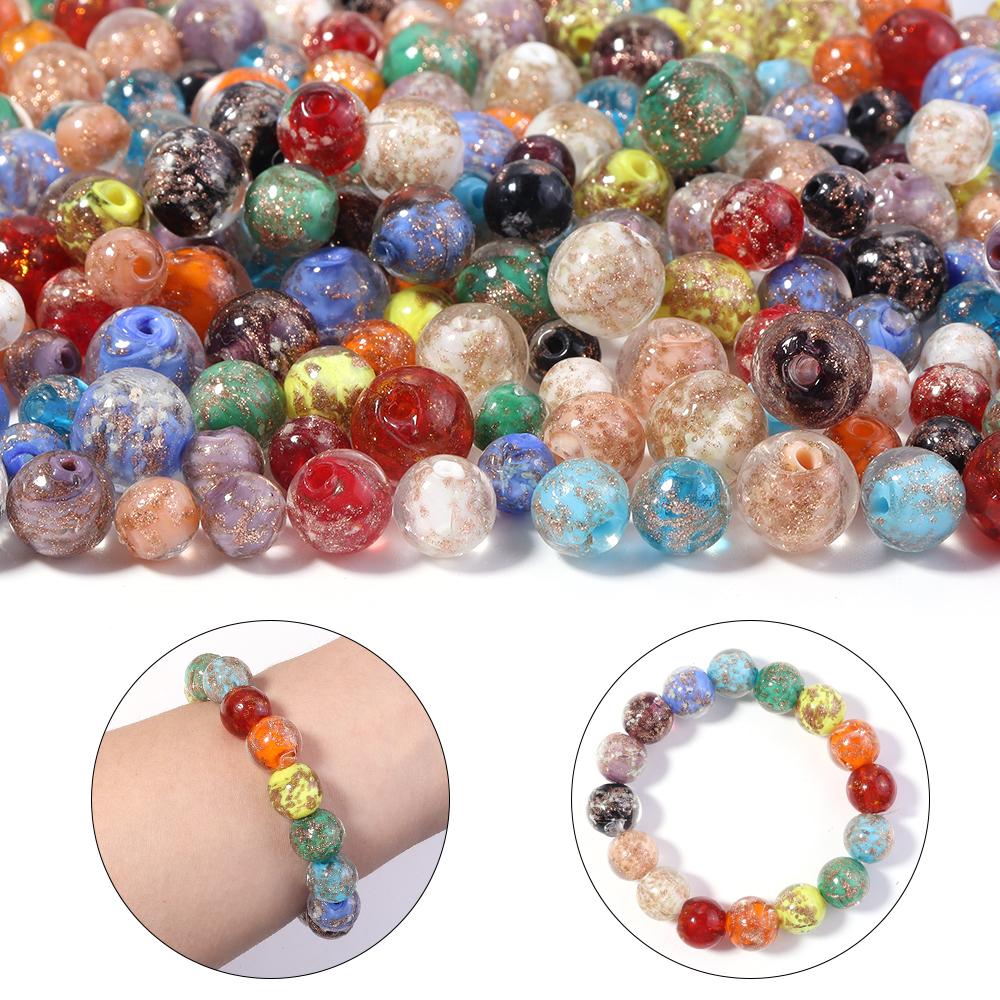 10pcs 8/10/12mm Lampwork Beads Colorful Golden Sand Glass Round Loose Beads For Jewelry Making DIY Bracelet Earrings Accessories
