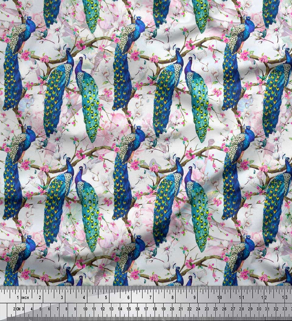 

Японська креп-атласна тканина Soimoi. Тканина з принтом гілка, цвіт і павич на метри 42 дюйми 42 Inch Wide - Poly Crepe білий