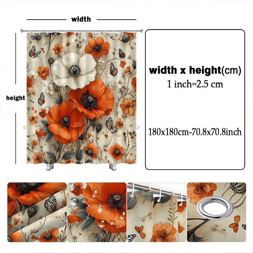 1 Stück Lebendiger Oranger Mohn Duschvorhang - Schmetterlinge & Weiße Blumen, Realistisches Florales Design, Elegante Badezimmerdekoration