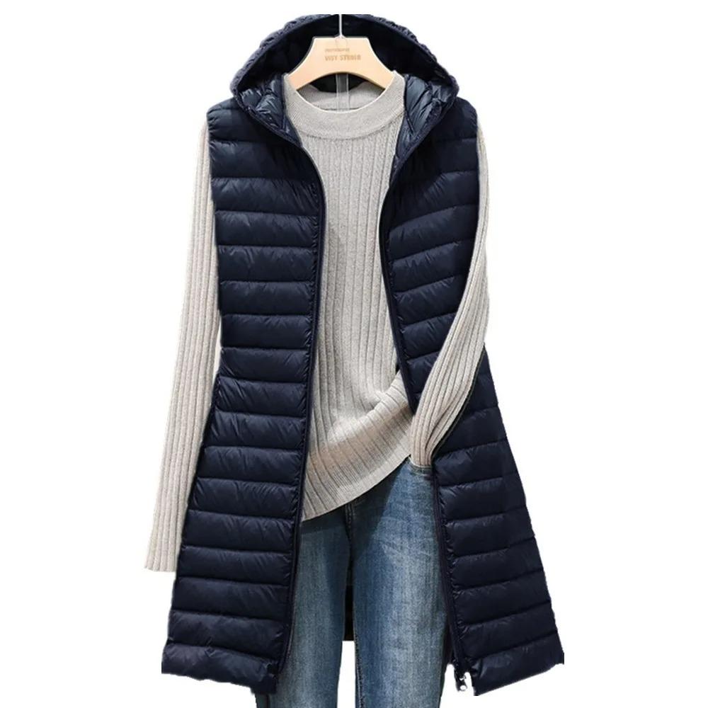 

Ladies Medium and Long Style Hooded Light Down Cotton Vest Jacket Autumn and Winter Slim Sleeveless Women Parkas Vest XXXL темно-синього кольору