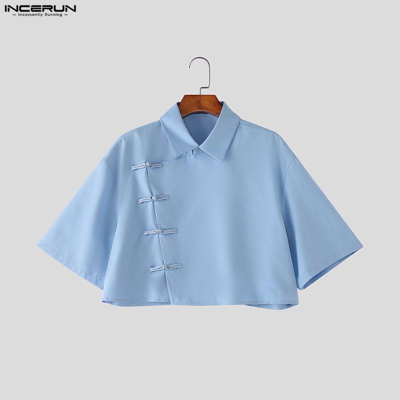 INCERUN Two Pieces Summer Men Lapel Neck Short Sleeve Cropped Tops and Pants Sets