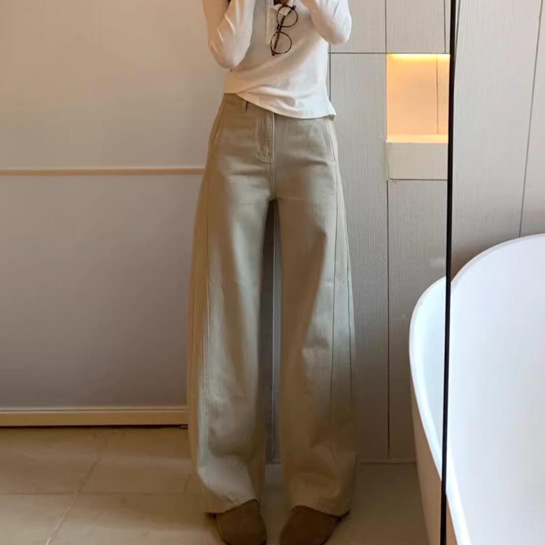 Women s Khaki Wide-Leg Crooked Jeans 2026 - Spring Casual Slimming Petite Straight-Leg Pants L