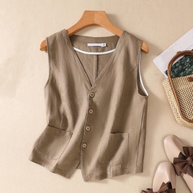Women's Summer Boho-Style Loose-Fit Solid-Color Cotton-Linen V-Neck Vest: Lightweight, Breathable Outerwear Top