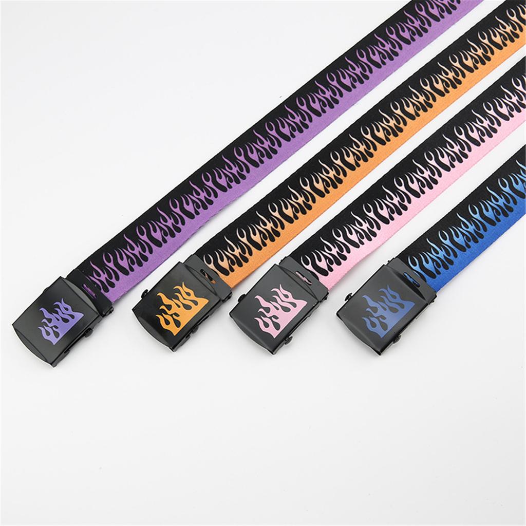 Hip Hop Style Flame Pattern Belt With Metal Buckles Durable Weave Fabric Adjustable Waist Strap For Punk Fashion Enthusiasts