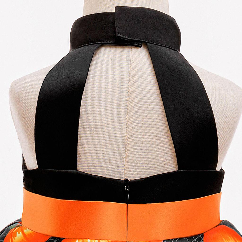 Halloween Girls Princess Spiderweb Pumpkin Fluffy Dress with Back Cutout