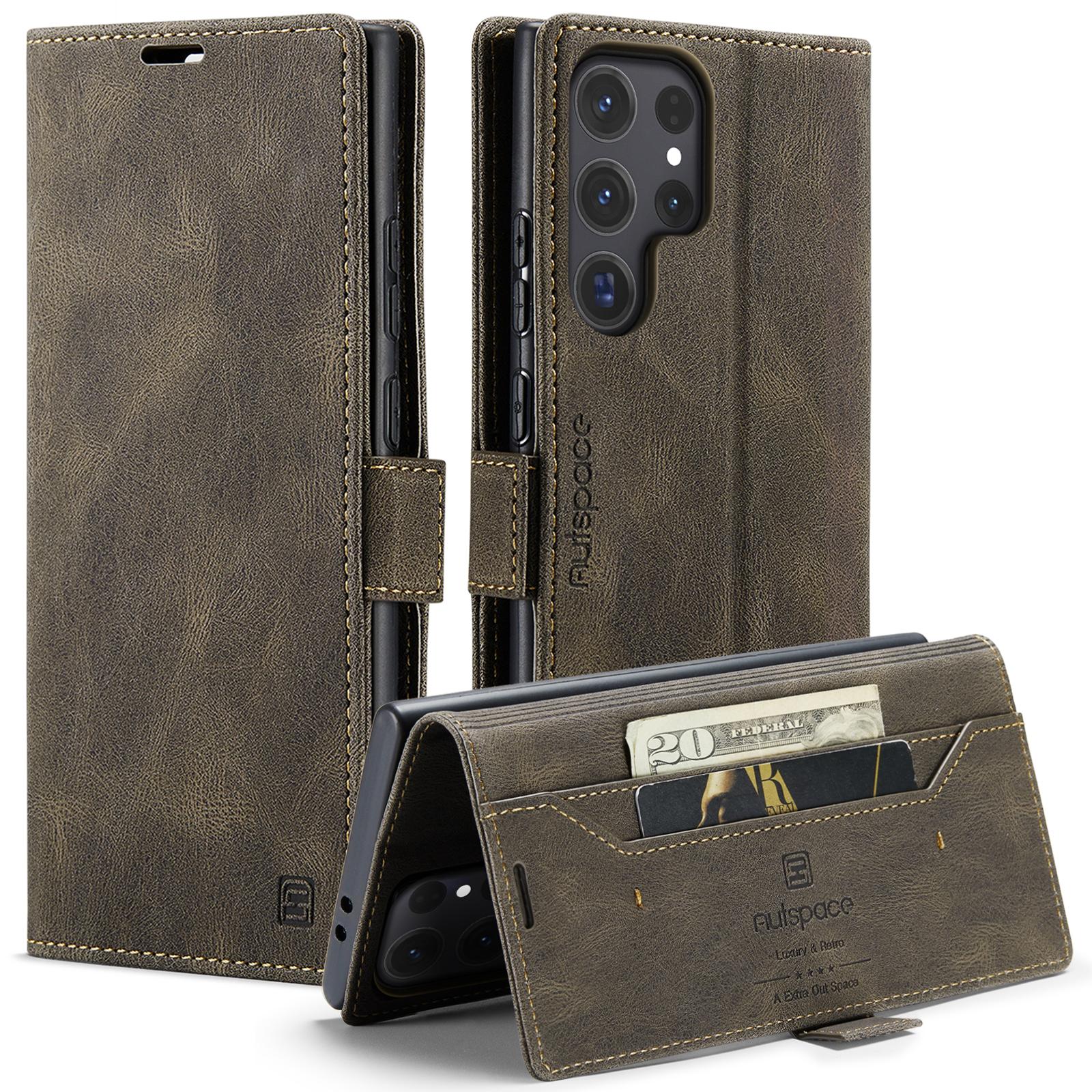 

For Samsung Galaxy S25 Ultra Wallet Case AUTSPACE A01 Leather Stand Cover with RFID Blocking Card Holder Coffee