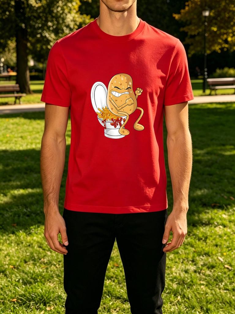 Funny Potato Pooping Fries Toilet Cartoon Front Graphic Print Unisexs Crew Neck Short Sleeve Tee Casual Daily Soft Basic Wear Top
