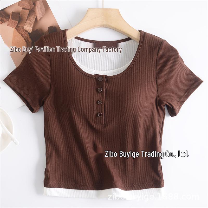 Women's Slim Fit Color Block Two-Piece Look T-Shirt with Chest Pads - Summer Style Short Sleeve Top