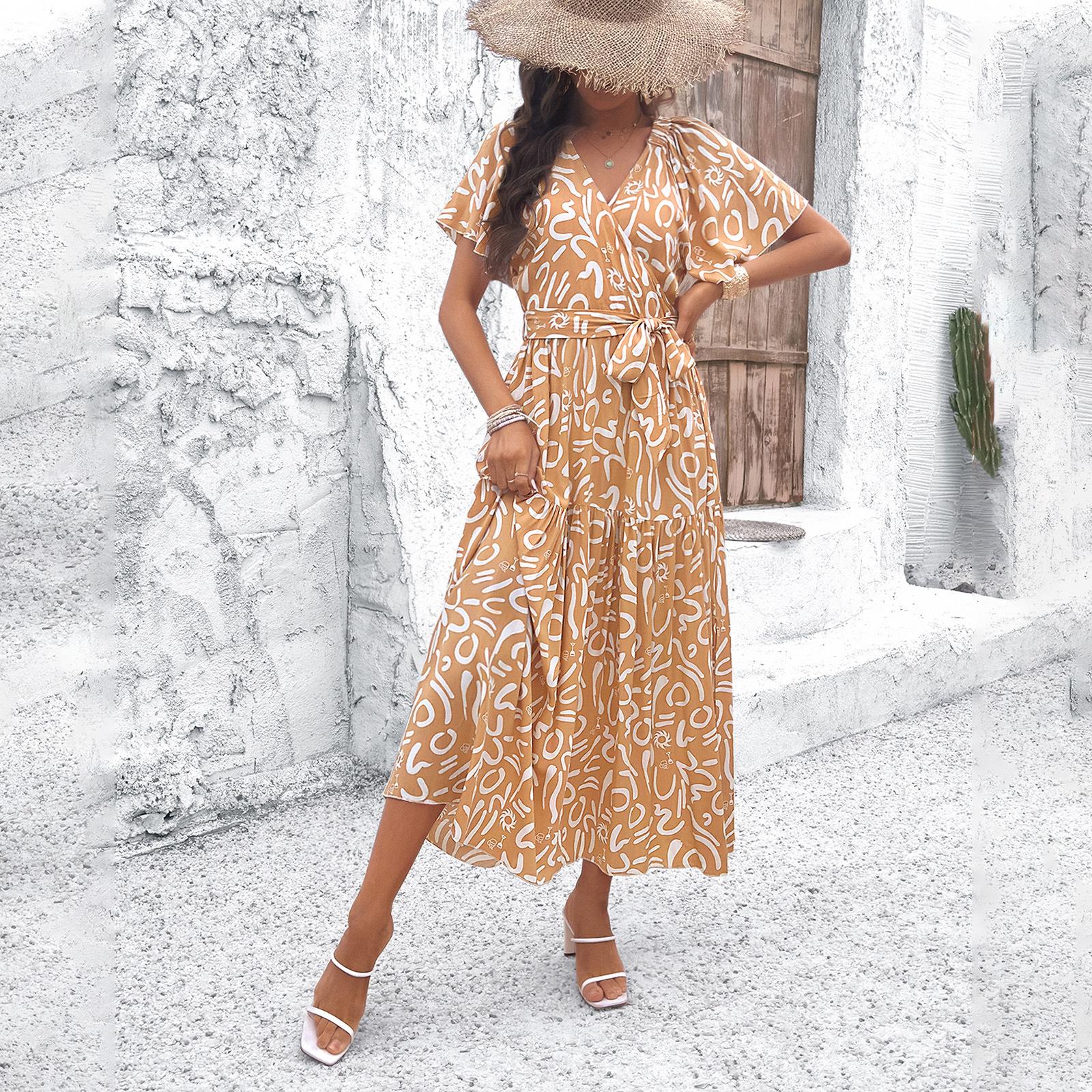 

Женское весенне-летнее повседневное платье с короткими рукавами и принтом для отпуска S