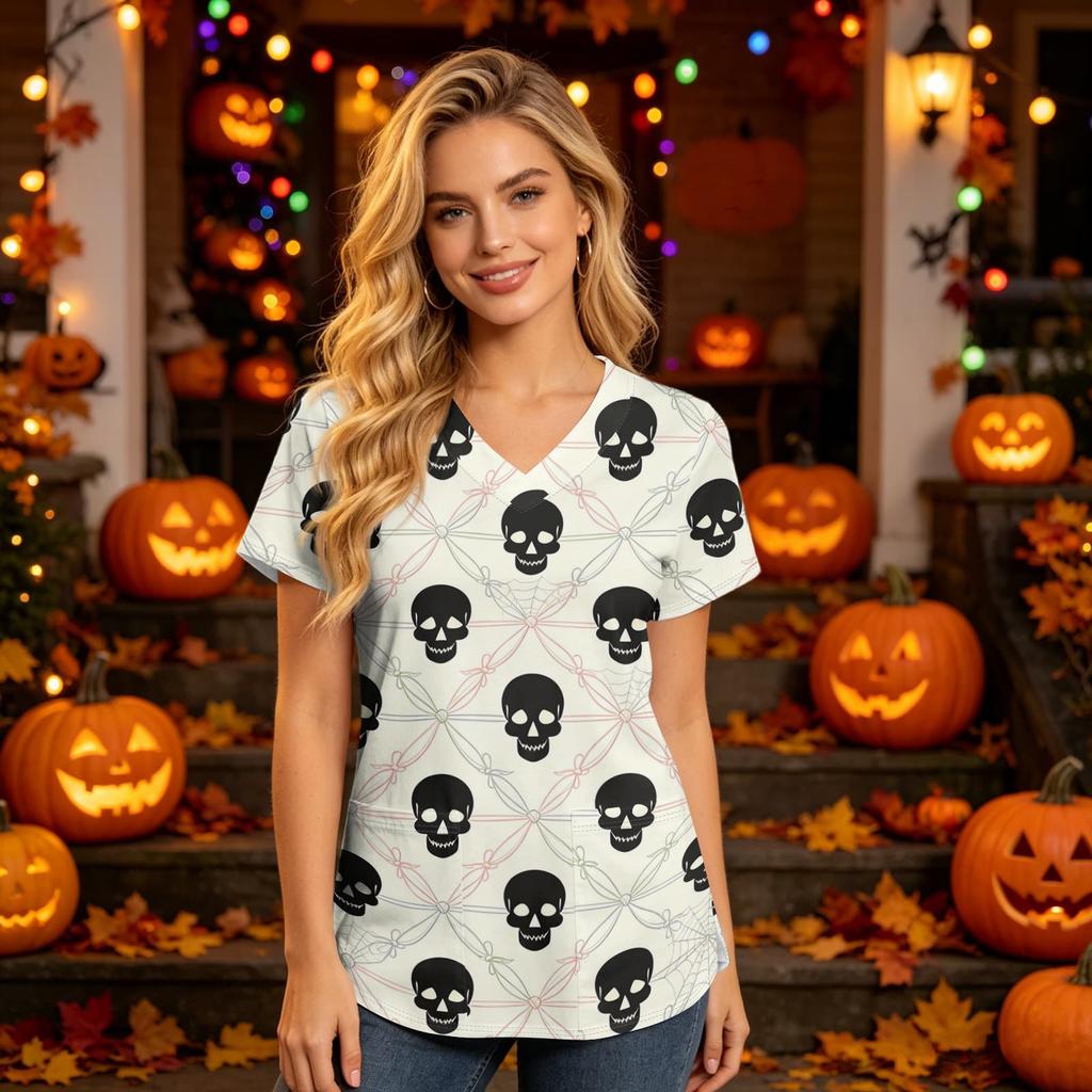 Damen V-Ausschnitt Kurzarm Kasack mit Taschen Halloween-Print Pflegekraft Uniform