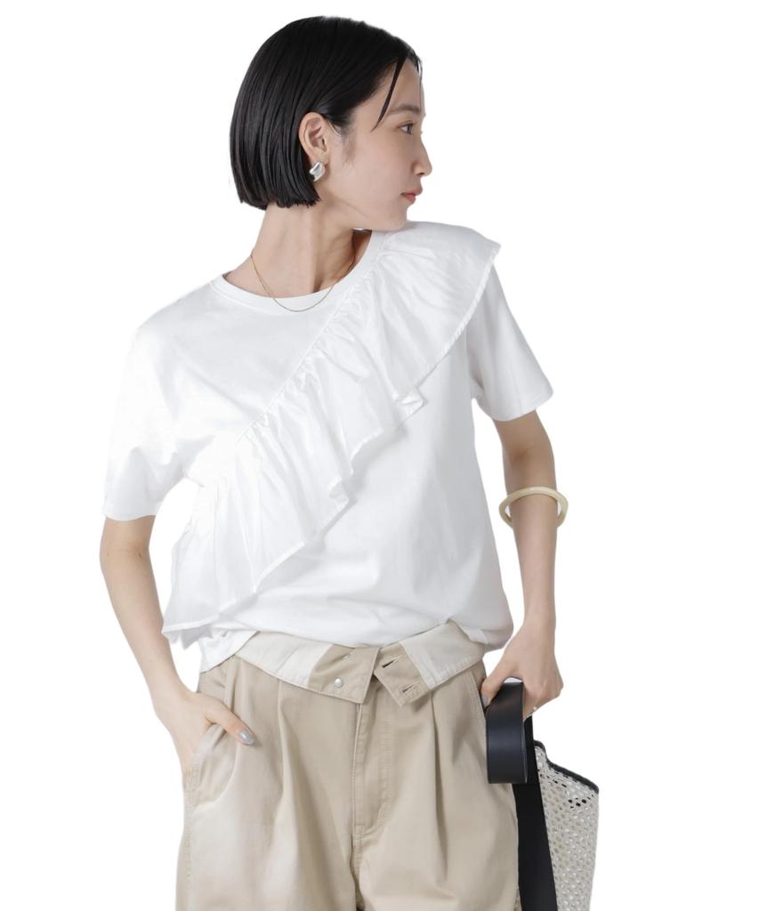 Nano Universe Asymmetrical Ruffle with Mixed Size F Women's T-Shirt Materials, White, 030, 673-5224303