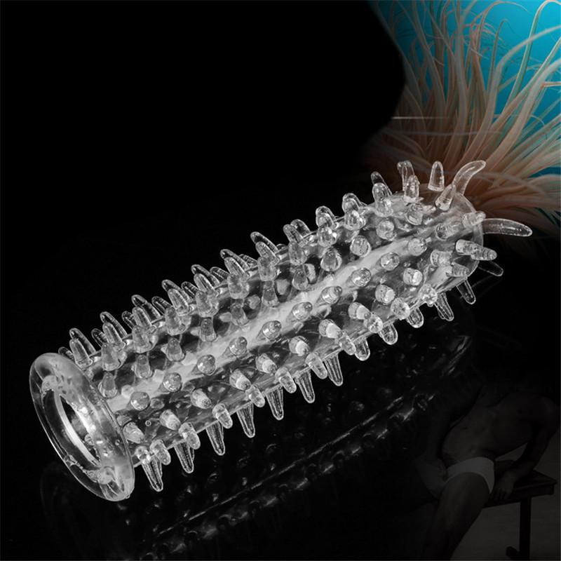 Giocattolo sexy per adulti con punte in silicone di cristallo punteggiato a costine trasparente riutilizzabile per preservativo per massaggio del pene