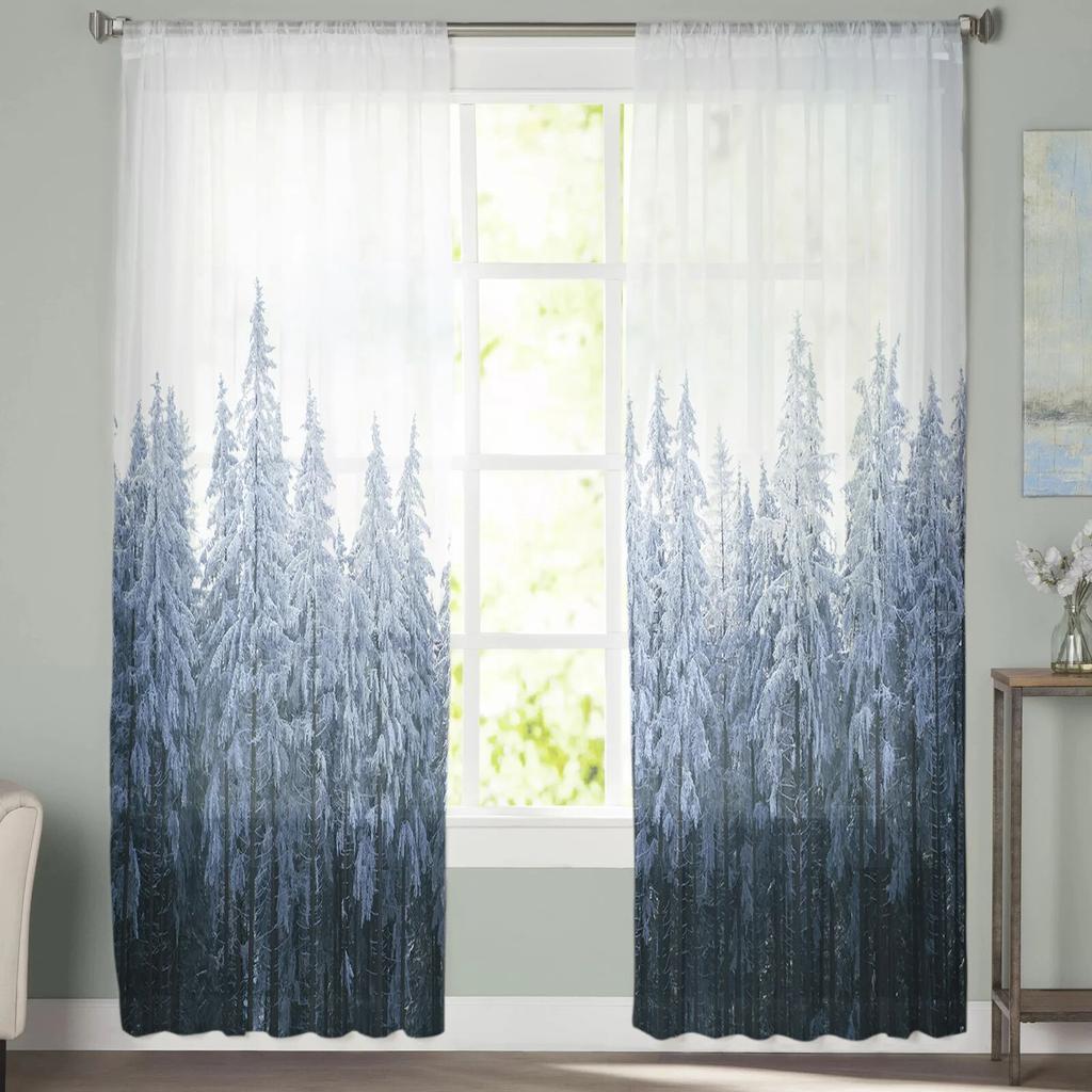 Pine Forest Gradient Snowflake Sheer Curtain for Living Room Hall Wall Dress Up Home Window Supplies Pop Print Tulle Curtains