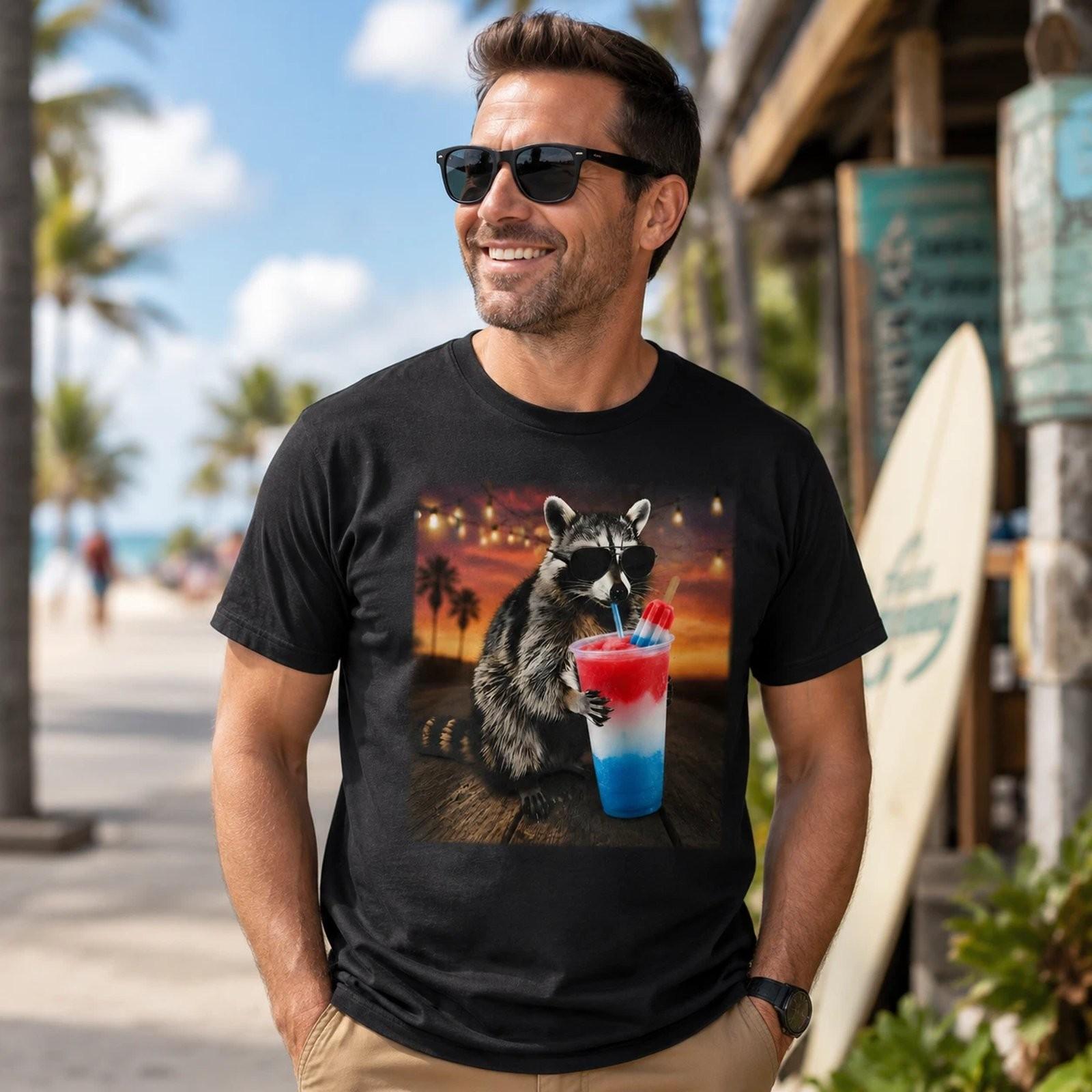 4th of July Patriotic Raccoon Popsicle Funny Graphic T-Shirt M