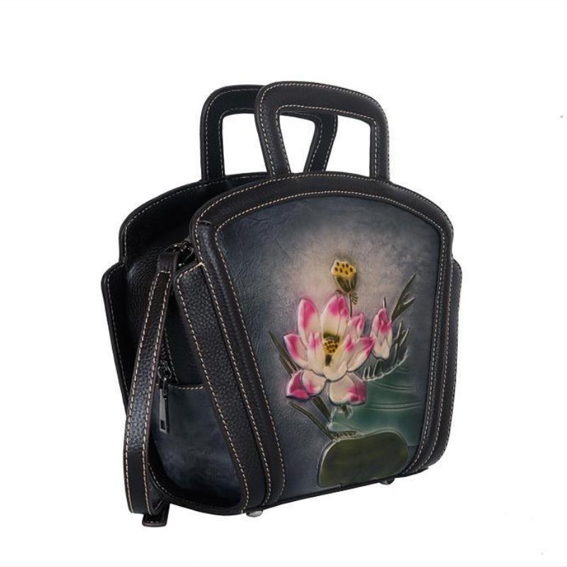 Johnature Vintage preget første lag kuskinn dameveske Luksus håndveske Håndmalte Lotus Skuldervesker for kvinner