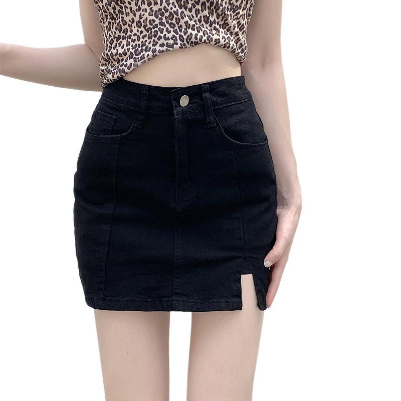 Fustă Scurtă de Vară pentru Dame, din Denim, Tinerescă și Subțiatoare, Fustă Scurtă A-line cu Pachet pe Șold, Design Deschis, Elastică, Negru