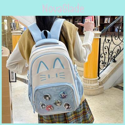 Cat Pattern Student Backpack With Transparent Compartment And Badge For Daily Use