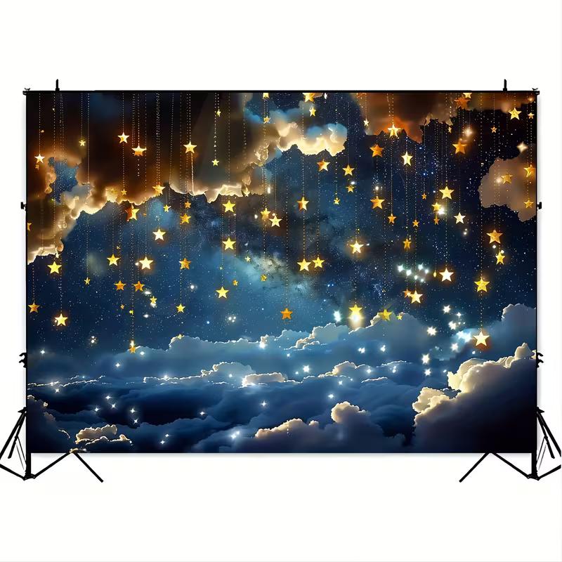 2D Hanging Stars Night Sky Tapestry, Golden Stars and Fluffy Clouds Backdrop 47.2x31.5inch/120*80cm