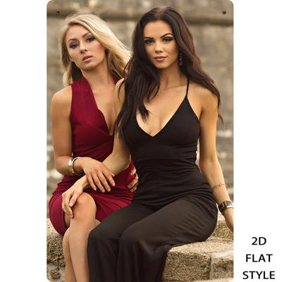 HD Metal Tin Sign Elegant Women In Black  Red Dresses Fashion Portrait Wall Art Decor