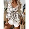 Khaki Leopard Print Deep V-neck Twill 3/4 Sleeve Shirt
