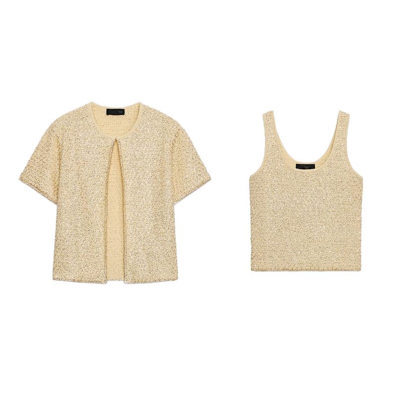 Round Neck Short Sleeve Sequin Knitting Outwear 9598192 Sequin Round Neck Wide Shoulder Strap Knitting Tops 9598194