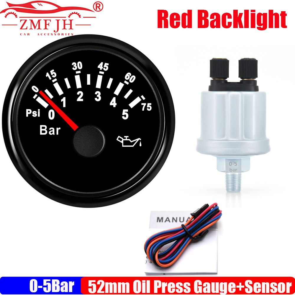 Red LED Pointer Oil Pressure Gauge with Press Sensor 1/8NPT Car 52MM Oil Press Meter Indicator 0~5Bar,0~10Bar,0-75PSI,0-145PSI