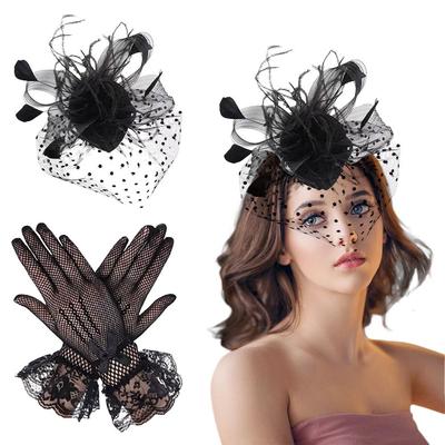 Black Fascinators Hat  Lace Gloves Wedding Pillbox Hat  Women