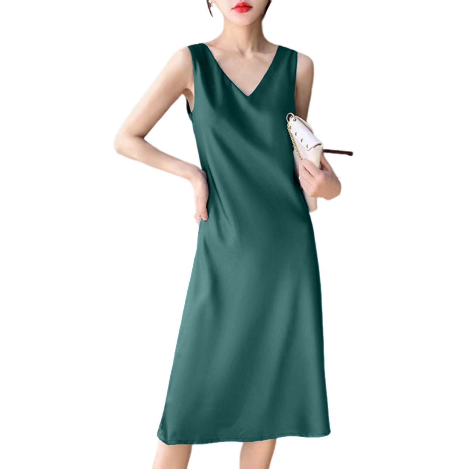 

Women s Dress Satin Long Knee Length Summer Large Size Color V-Neck Skirt XL