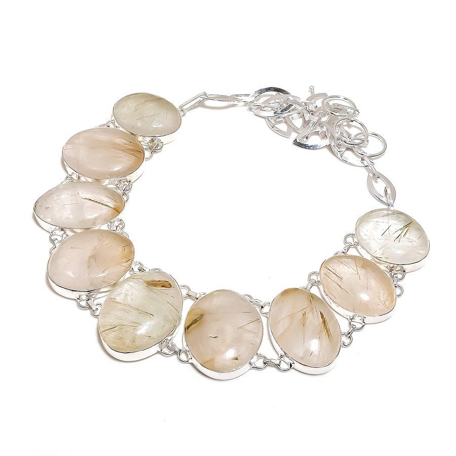 Golden Rutile Gemstone Handmade 925 Sterling Silver Jewelry Necklace 18" SU-9839