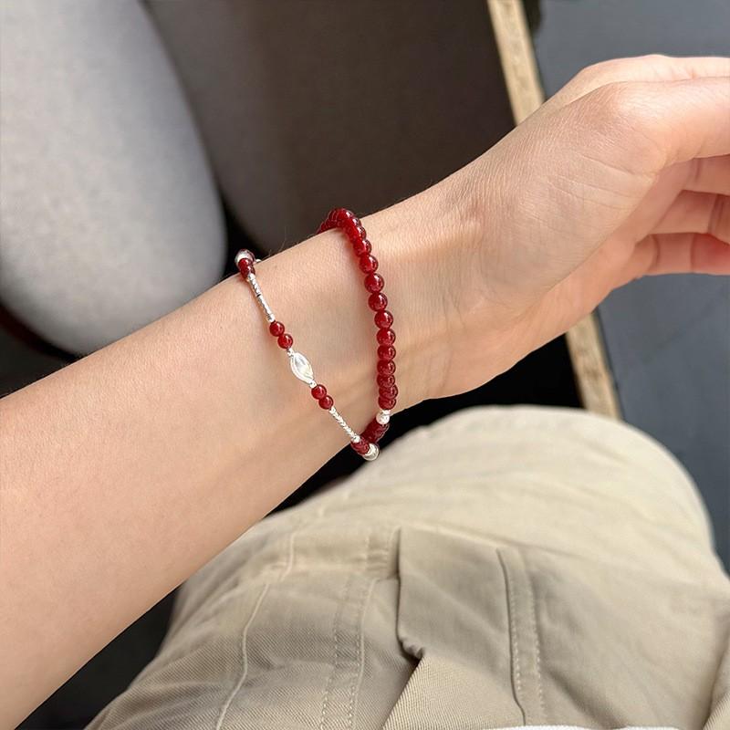 Sterling Red Agate Cat Eye Bead Bracelet Women Minimalist Fashion Stackable Wristband