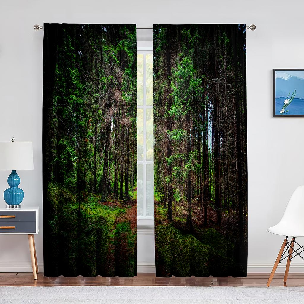 2panels Woodland Forest Foliage Sunbeams Nature View Curtains for Living Room Bedroom Kitchen Decor Sheer Curtains Window Drape