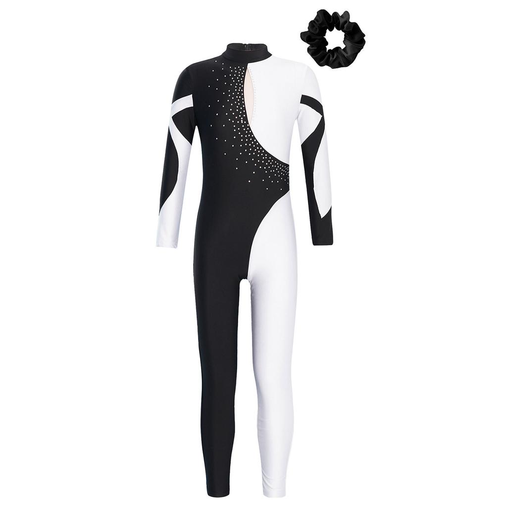 Girls Long Sleeve Stand Collar Shiny Rhinestone Contrast Color Hollow Back Dance Jumpsuit Hair Band