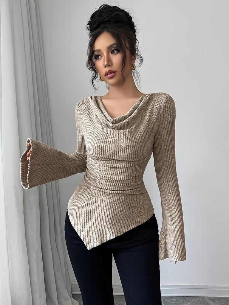 2026 Spring Women's Off-Shoulder Ribbed Knit Bell Sleeve Top