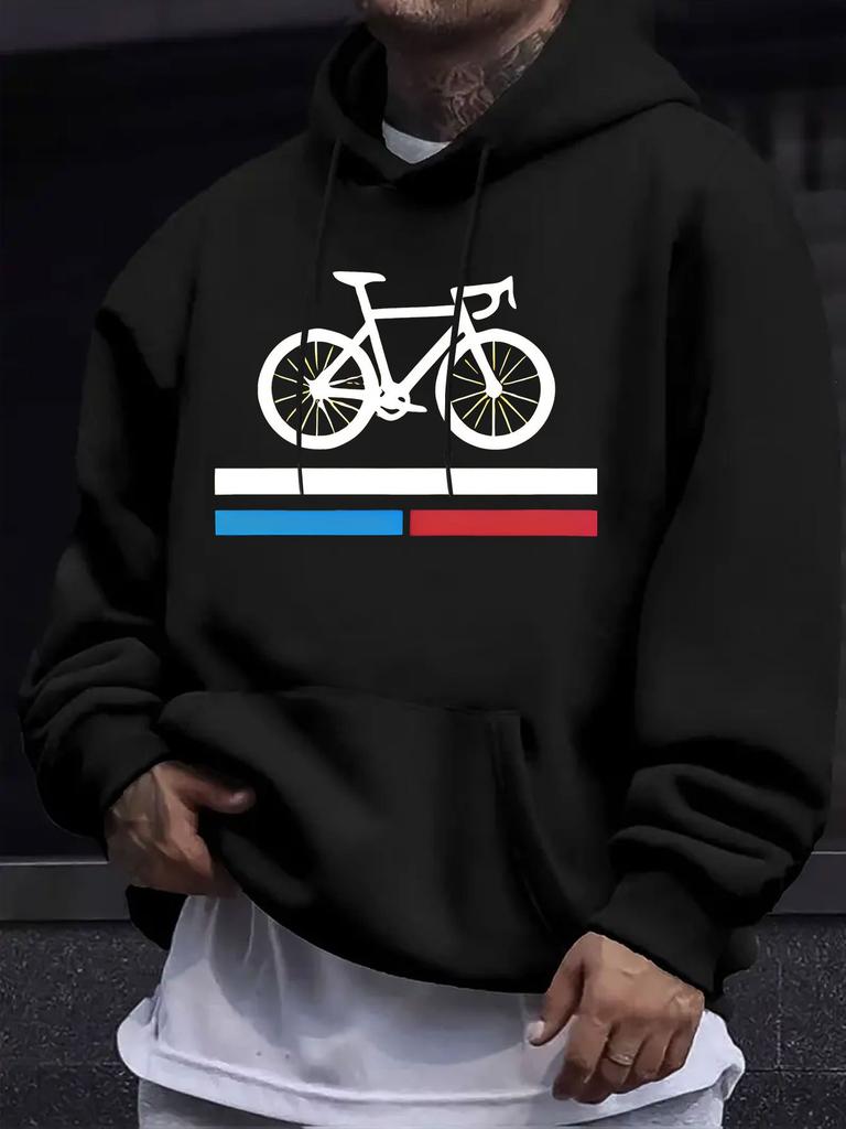 American Western Style unisex Autumn Winter Print Hooded Long Sleeve Sweatshirt, Bicycle Easy Pattern Print Hoodie, Cycling Enthusiast Trendy Sweatshi